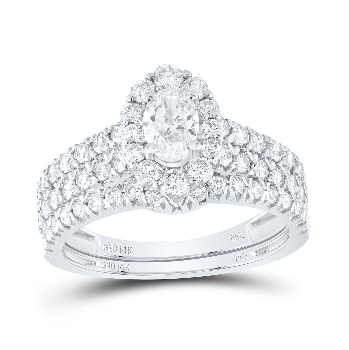 14K White Gold Oval Dia. Halo Bridal Wedding Band Set 1-1/2ctw, Women's Size: 5-10