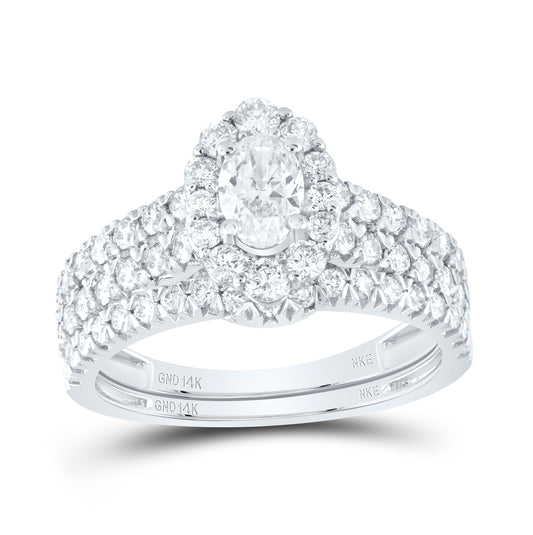 14K White Gold Oval Dia. Halo Bridal Wedding Band Set 1-1/2ctw, Women's Size: 5-10
