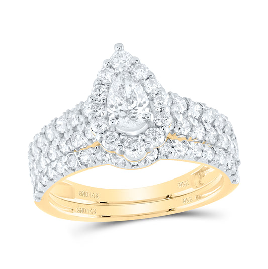 14K Yellow Or White Gold Pear Diamond Halo Bridal Wedding Ring Band Set 1-1/2 Cttw, Womens Size: 5-10
