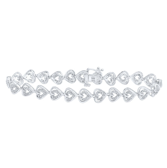 10K White Gold Womens Round Diamond Heart Bracelet 1/2 Cttw