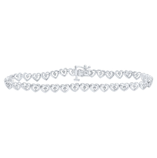 10K White Gold Womens Round Diamond Heart Bracelet 1/4 Cttw