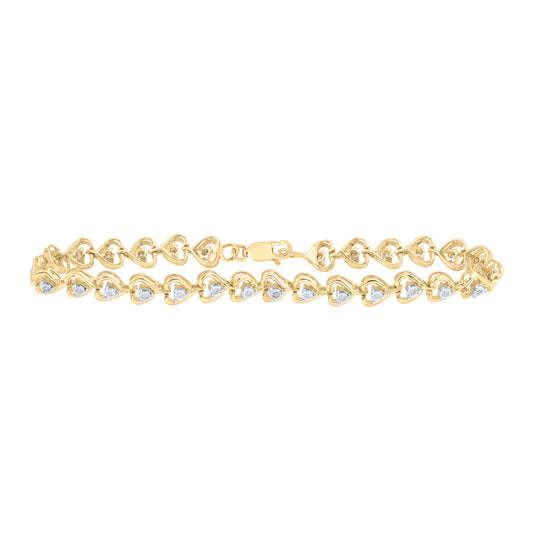 10K Yellow Gold Womens Round Diamond Heart Bracelet 1/4ctw