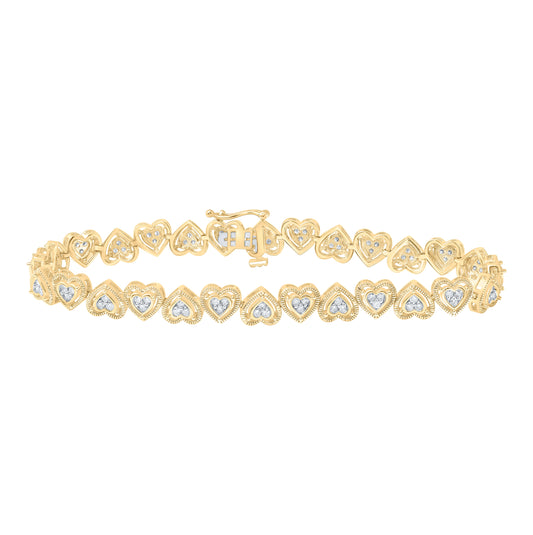 10K Yellow Gold Womens Round Diamond Heart Fashion Bracelet 1 Cttw, Width: 0.28 In