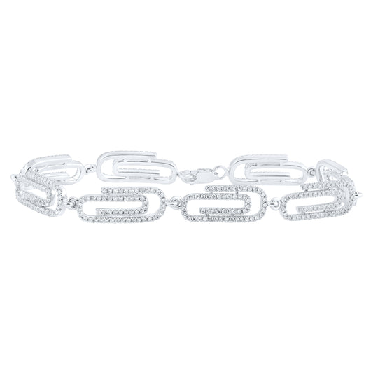 14K White Gold Womens Round Diamond Paper Clip Fashion Bracelet 1-7/8 Cttw