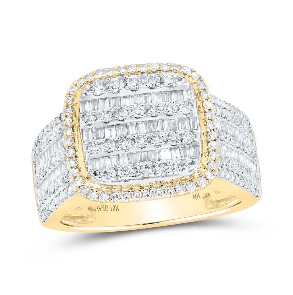 10K Yellow Gold Mens Baguette Diamond Square Ring 2 Cttw, Mens Size: 7-13