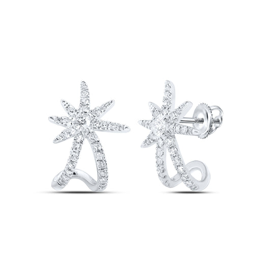 10K White Gold Womens Round Diamond Lobe Half Hoop Earrings 3/8 Cttw