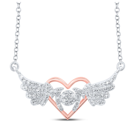 Sterling Silver Womens Round Diamond 18-inch Heart Wing Mom Necklace 1/5 Cttw