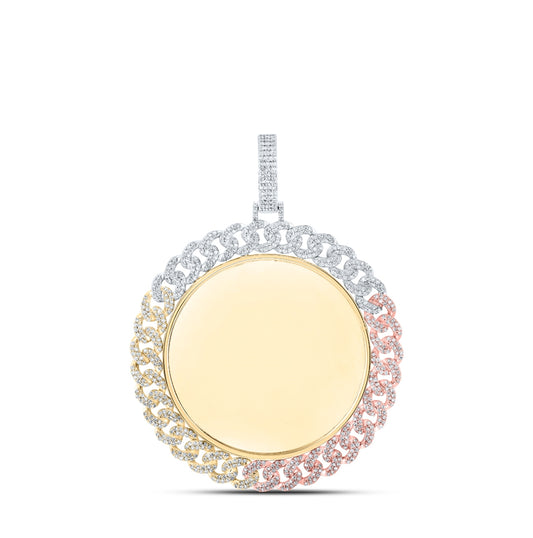10K Tri-Tone Gold Mens Round Diamond Memory Circle Charm Pendant 2 Cttw