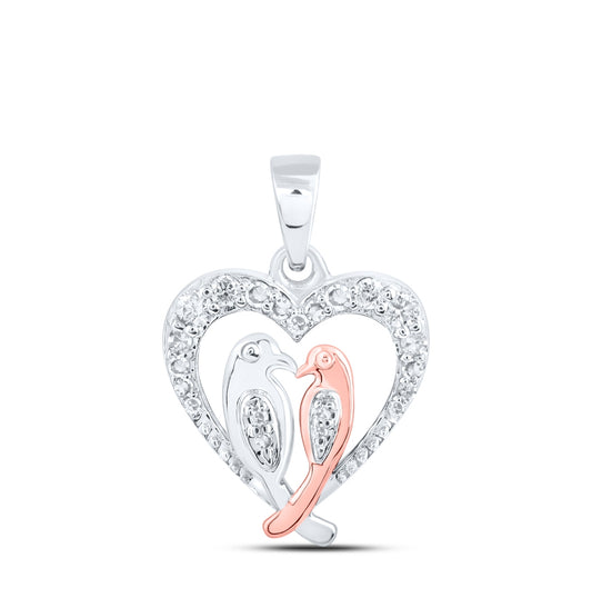 10K White Gold Womens Round Diamond Love Birds Heart Pendant 1/8 Cttw
