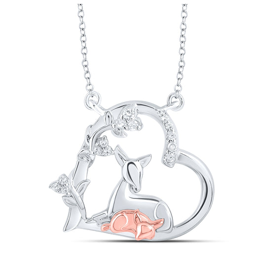 Sterling Silver Womens Round Diamond Deer Fawn Heart Necklace 1/10 Cttw