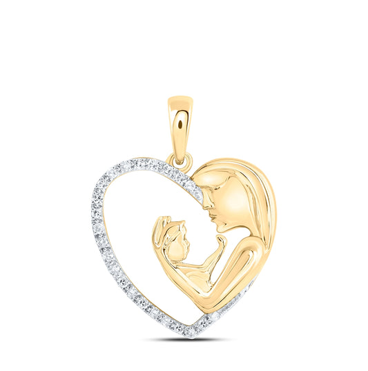 10K Yellow Gold Womens Round Diamond Mom Child Heart Pendant 1/10 Cttw