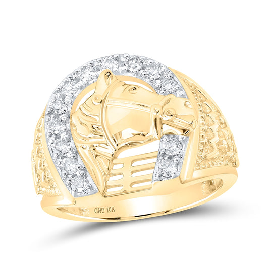 10K White Or Yellow Gold Mens Round Diamond Horseshoe Ring , Mens Size: 7-13