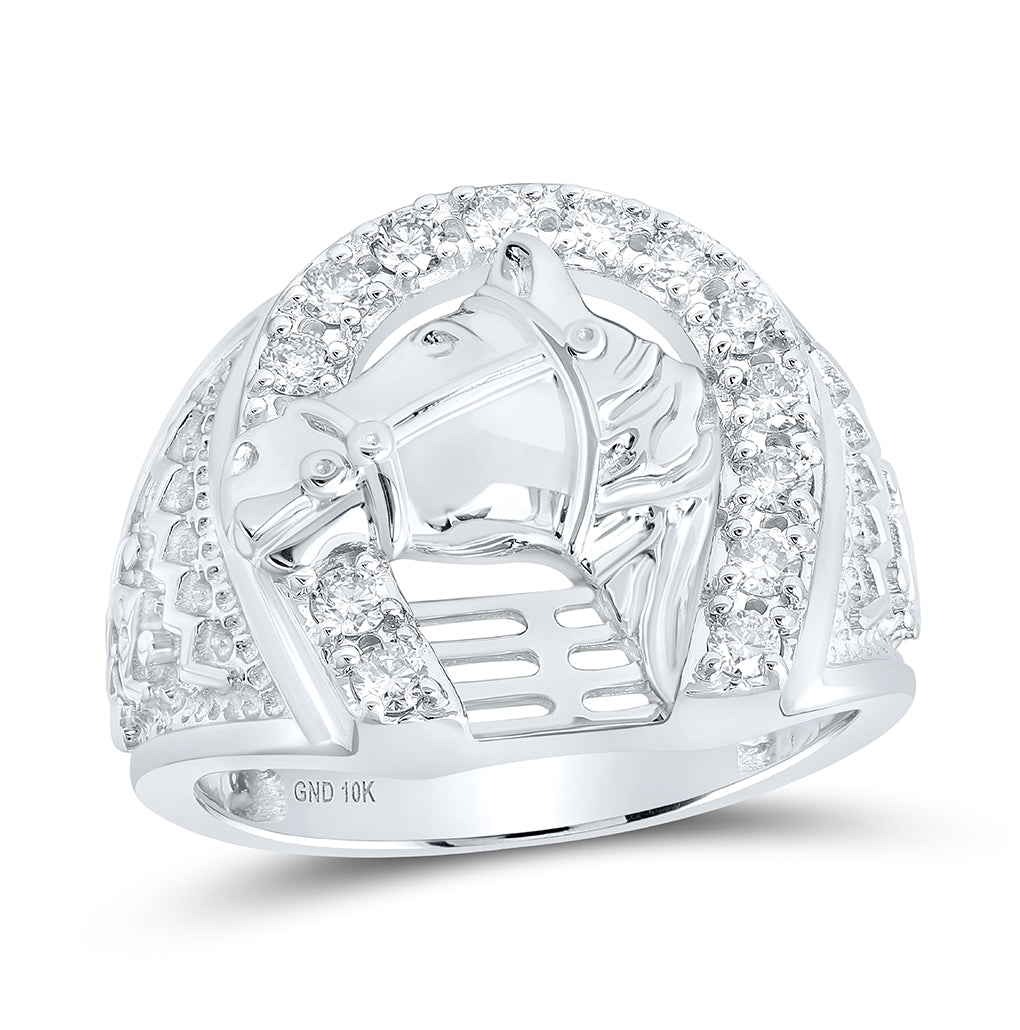 10K White Or Yellow Gold Mens Round Diamond Horseshoe Ring , Mens Size: 7-13