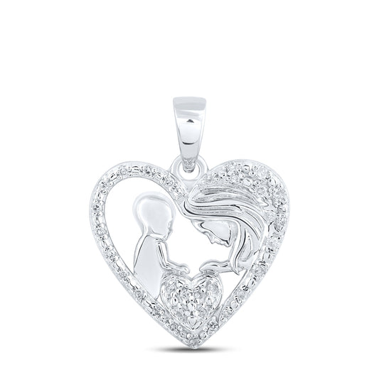 Sterling Silver Womens Round Diamond Mother Child Heart Pendant 1/12ctw