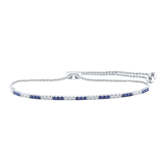 14K White Gold Womens Round Blue Sapphire Diamond Bolo Bracelet 7/8 Cttw