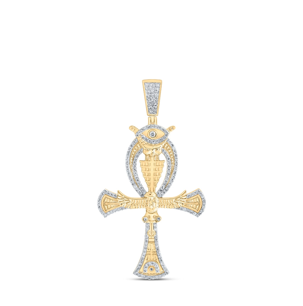 10K Yellow Gold Mens Round Diamond Ankh Eye Cross Charm Pendant 1-1/5 Cttw