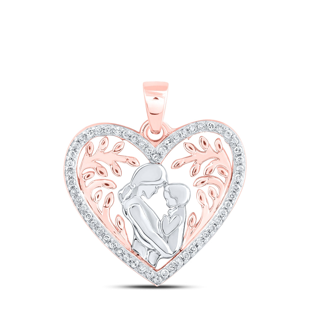 10K Rose Gold Womens Round Diamond Mom Child Heart Pendant 1/10 Cttw
