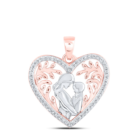 10K Rose Gold Womens Round Diamond Mom Child Heart Pendant 1/10 Cttw
