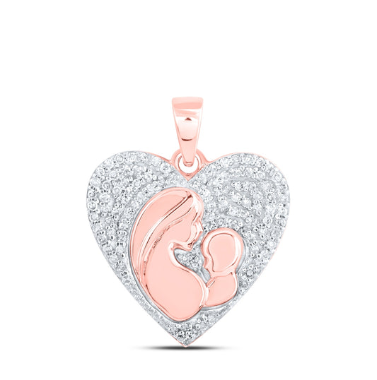 10K Rose Gold Womens Round Diamond Mom Child Heart Pendant 1/5 Cttw