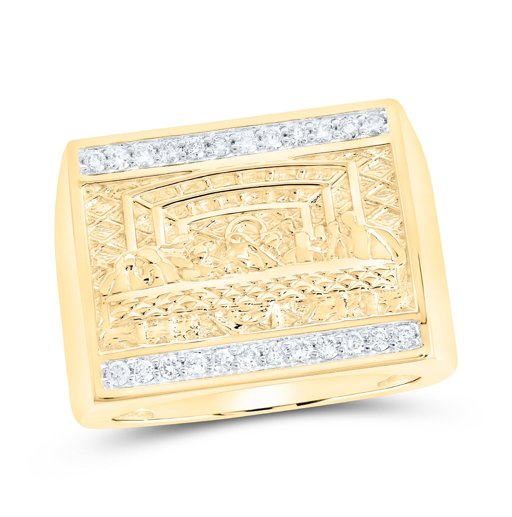 10K Yellow Gold Mens Round Diamond Last Supper Square Ring 1/3 Cttw, Mens Size: 7-13