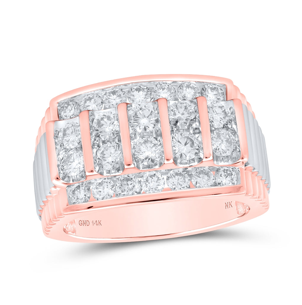 14K Rose Gold Mens Round Diamond Ribbed Shank Band Ring 2 Cttw, Mens Size: 7-13