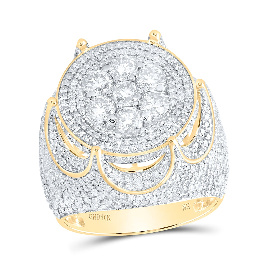 10K Yellow Gold Mens Round Diamond Flower Cluster Ring 5-1/4 Cttw, Mens Size: 7-13