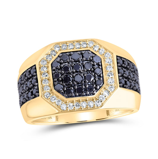 10K Yellow Gold Mens Round Black Color Treated Diamond Octagon Ring 1-1/5 Cttw, Mens Size: 7-13