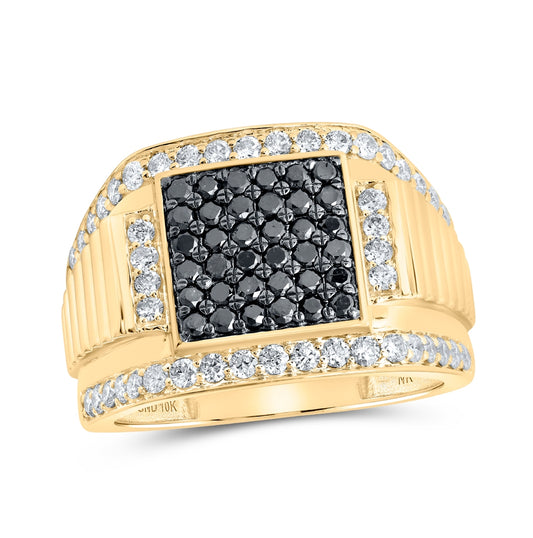 10K Yellow Or White Gold Mens Round Black Color Enhanced Diamond Square Ring 1-5/8 Cttw, Mens Size: 7-13