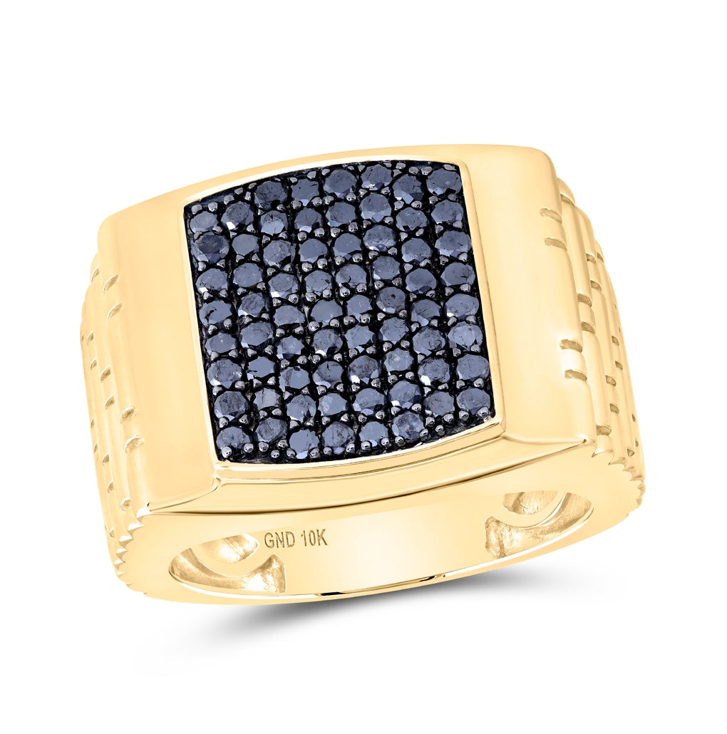 10K Yellow Gold Mens Round Black Color Treated Diamond Square Ring 1-1/2 Cttw, Mens Size: 7-13