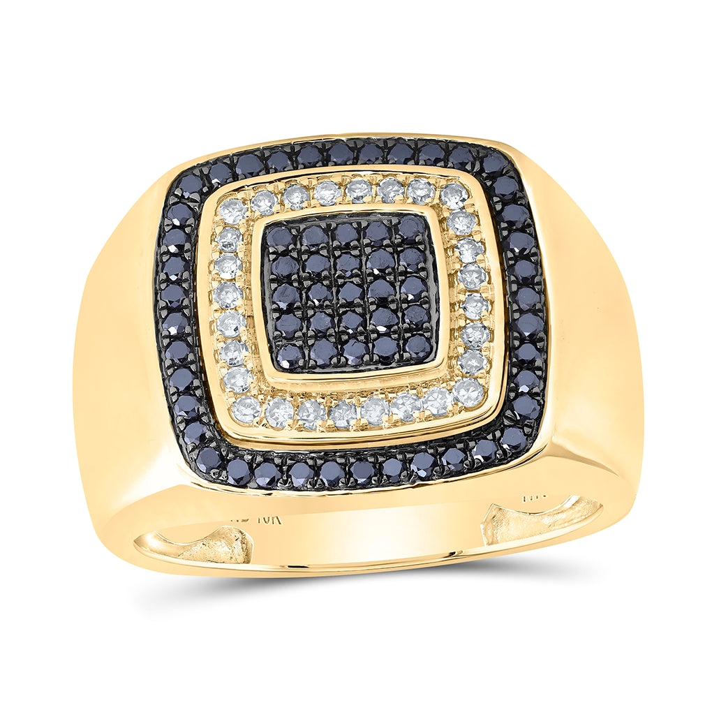 10K White Or Yellow Gold Mens Round Black Color Treated Diamond Square Ring , Mens Size: 7-13
