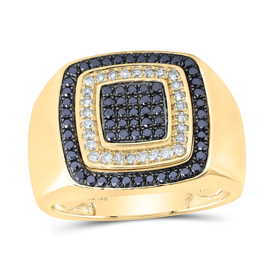 10K White Or Yellow Gold Mens Round Black Color Treated Diamond Square Ring , Mens Size: 7-13