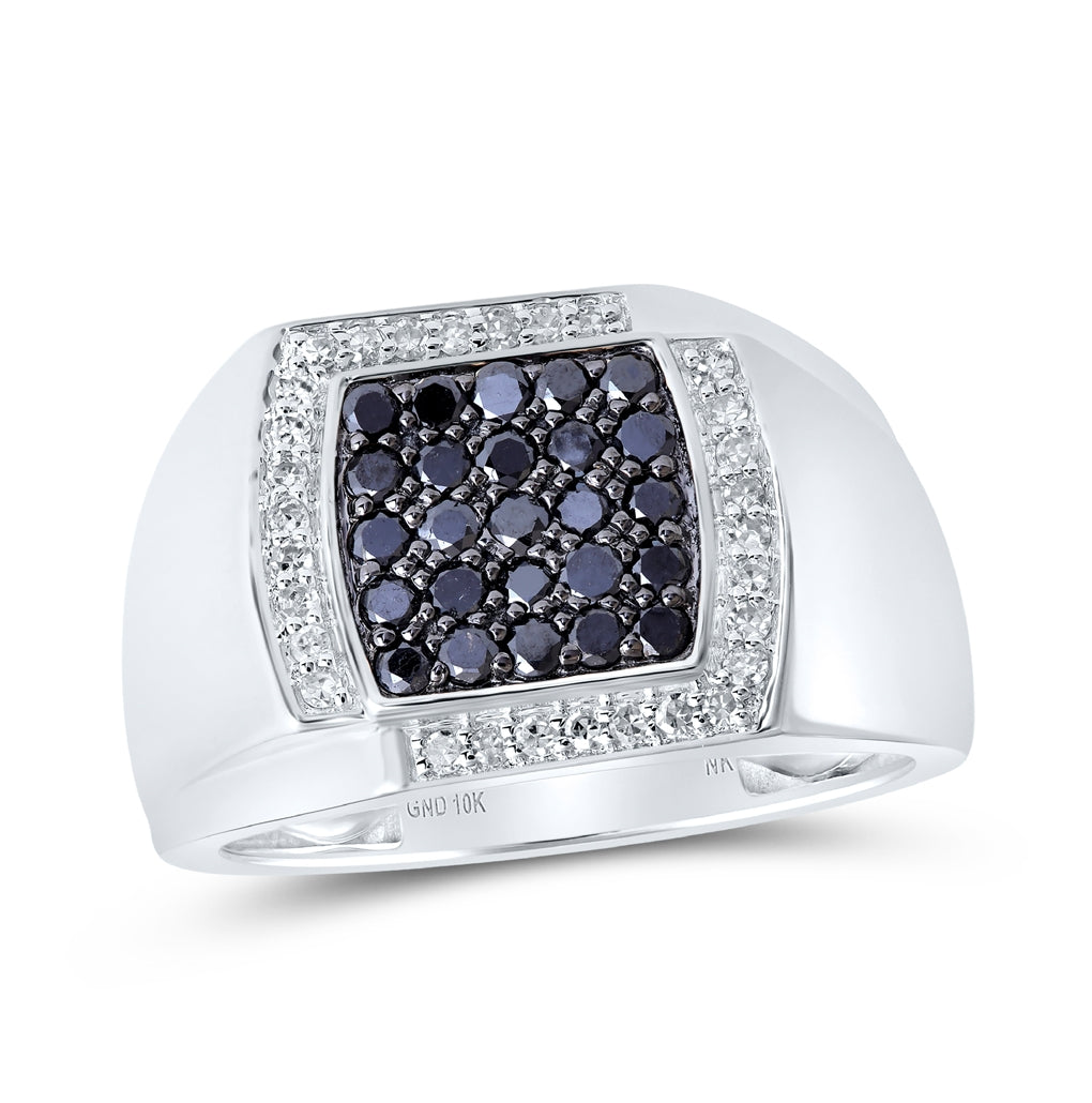 10K White Or Yellow Gold Mens Round Black Color Treated Diamond Square Ring , Mens Size: 7-13