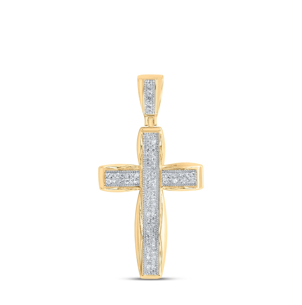10K Yellow Gold Mens Round Diamond Cross Charm Pendant 1/3ct.