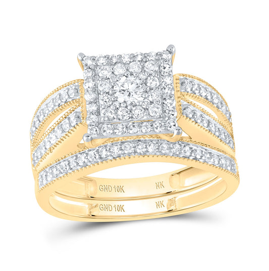 10K White Or Yellow Gold Round Diamond Square Bridal Wedding Ring Band Set , Womens Size: 5-10