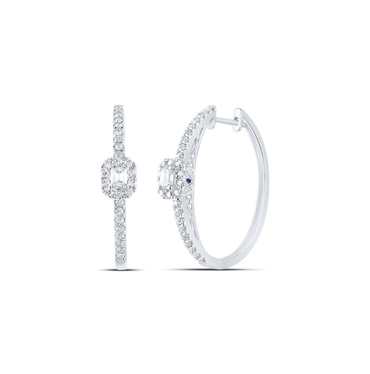 14K White Gold Womens Emerald Diamond Hoop Earrings 1 Cttw