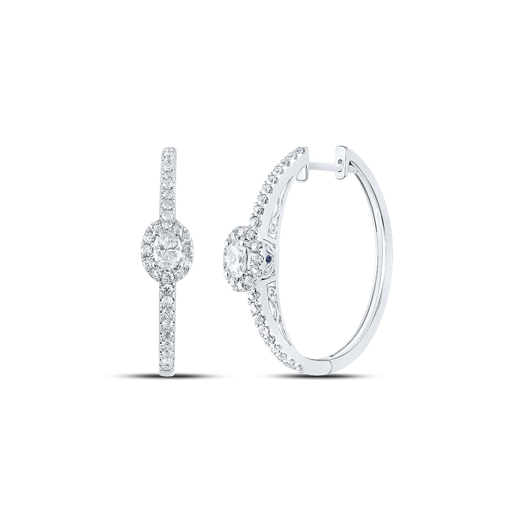 14K White Gold Womens Oval Diamond Hoop Earrings 1 Cttw