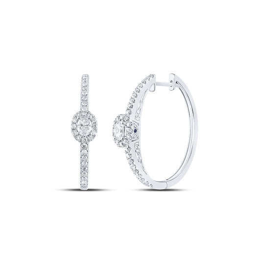 14K White Gold Womens Oval Diamond Hoop Earrings 1 Cttw