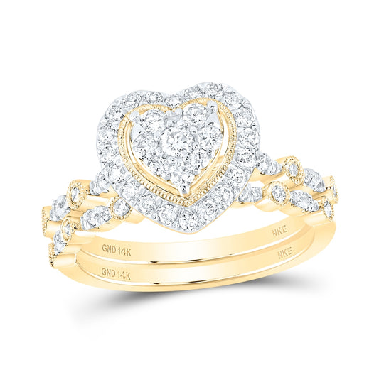 14K White Or Yellow Gold Round Diamond Heart Bridal Wedding Ring Band Set , Womens Size: 5-10