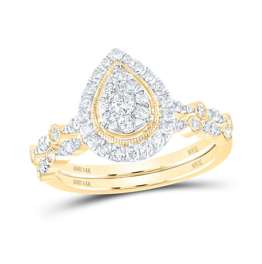 14K Yellow Gold Round Diamond Teardrop Bridal Wedding Ring Band Set 5/8 Cttw, Womens Size: 5-10