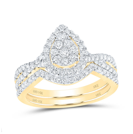 14K Yellow Gold Round Diamond Teardrops Bridal Wedding Ring Band Set 3/4 Cttw, Womens Size: 5-10