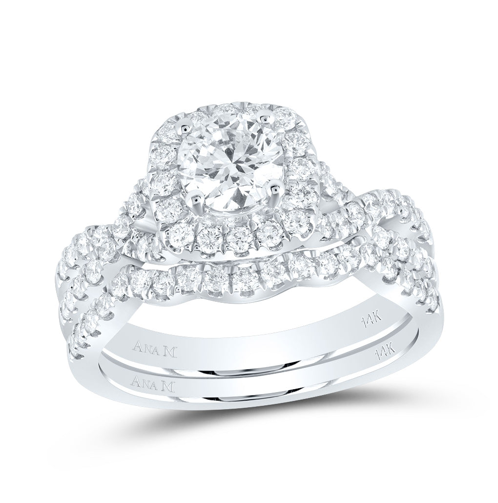 14K White Gold Round Diamond Halo Bridal Wedding Band Set 1-1/2ctw, Women's Size: 5-10