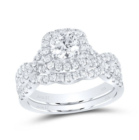 14K White Gold Round Diamond Halo Bridal Wedding Band Set 1-1/2ctw, Women's Size: 5-10