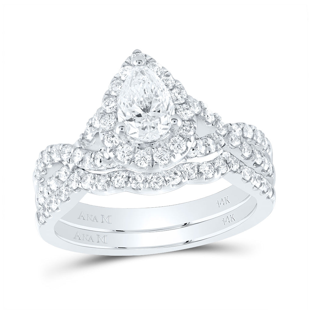 14K White Gold Pear Diamond Halo Bridal Band Set 1-1/2ctw, Women's Sz: 5-10