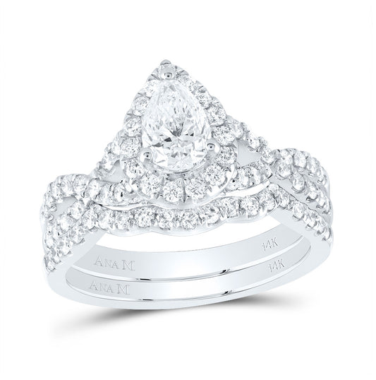 14K White Gold Pear Diamond Halo Bridal Band Set 1-1/2ctw, Women's Sz: 5-10