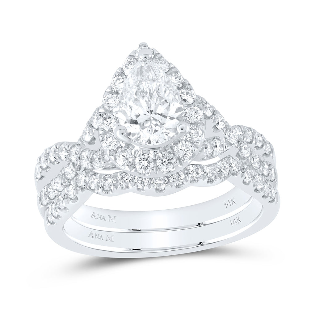 14K White Gold Pear Dia. Halo Bridal Wedding Ring Band Set 2ctw, Women's Size: 5-10