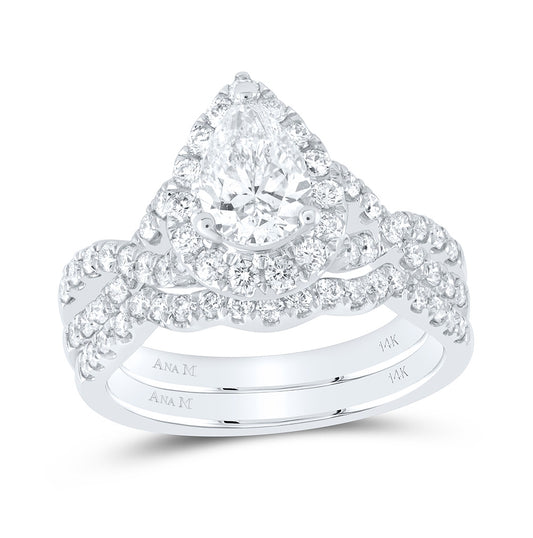 14K White Gold Pear Dia. Halo Bridal Wedding Ring Band Set 2ctw, Women's Size: 5-10