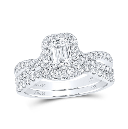 14K White Gold Emerald Dia. Halo Bridal Wedding Band Set 1-1/2ctw, Women's Size: 5-10