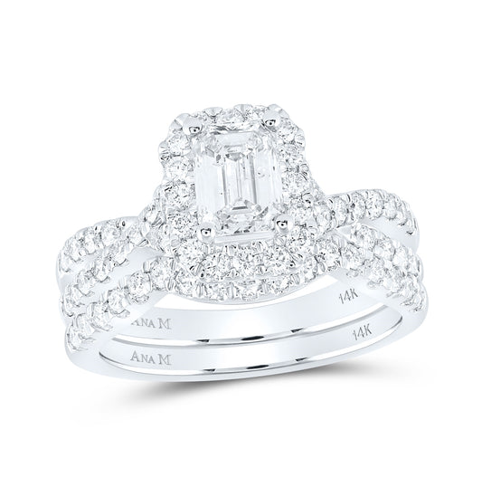 14K White Gold Emerald Dia. Halo Bridal Wedding Band Set 2ctw, Women's Size: 5-10