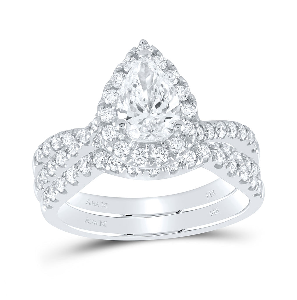 14K White Gold Pear Diamond Halo Bridal Wedding Ring Band Set 2ctw, Women's Size: 5-10