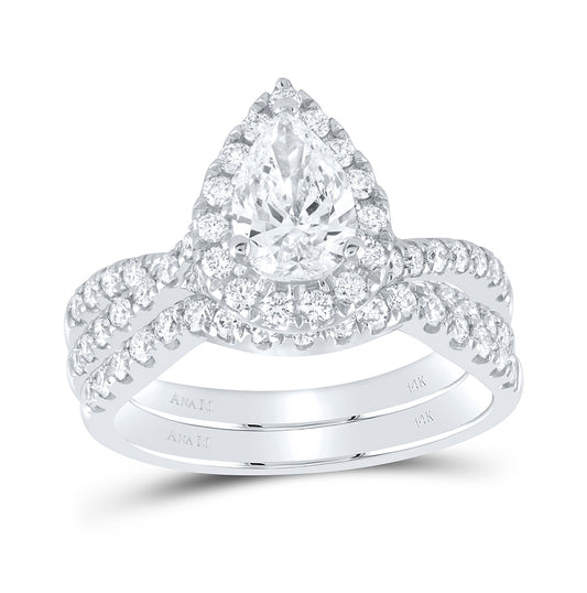 14K White Gold Pear Diamond Halo Bridal Wedding Ring Band Set 2ctw, Women's Size: 5-10